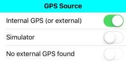 GPS Source Here it is possible to switch between 3 different GPS sources: Internal GPS (or external) is either the own iphone/ipad internal GPS receiver or any Apple compatible MFI GPS receiver that