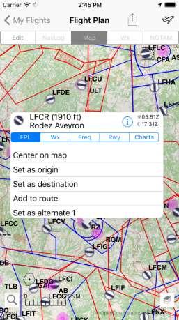 select a planned flight from the list. The map will be displayed in Planning mode and could be switched to Flight mode thanks to the aircraft button at the upper right.