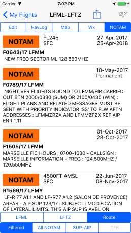 all NOTAMs in the crossed FIRs (Flight Information Regions) The module will also display SUP AIP (in some countries) and TFR (Temporary Flight Restrictions, in the USA only), see below for a more