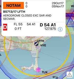 The list will contain all areonautical areas and NOTAM/TFR in the selected point and you could click on any item in the list to highlight its area in yellow on the map.