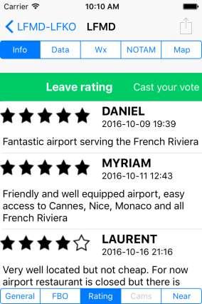 Review other pilots ratings and comments For airports, the Ratings tab at the bottom of the Information page will allow you to review the ratings and comments left by other pilots having visited this