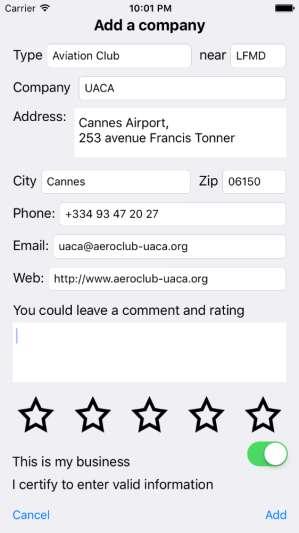 You could also enter a new entry in those categories, for example if you found a good restaurant nearby, shares this tip with other Airmate users by entering restaurant details.