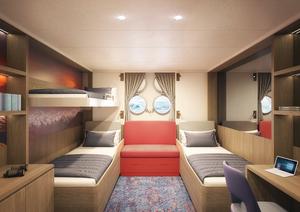 Triple Porthole 2 portholes 1 upper berth & 2 lower berths Small sofa This cabin is suitable for families traveling with children, or passengers