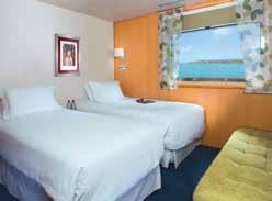 Cabins (15 to 18 square metres) feature one double bed convertible to two twin beds, and three Suites (30 square metres) feature one fixed double bed.