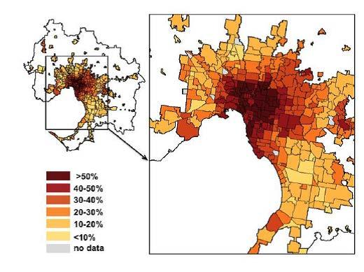 Melbourne Sydney Perth Relationship between types of employment density and population qualifications: Residents with tertiary qualifications primarily live in central locations with slightly higher