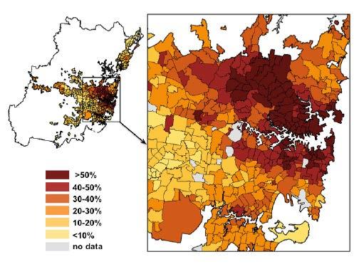 Proportion residents tertiary qualifications: Relationship between types of employment density and population qualifications: In Sydney, higher densities of residents with professional qualifications