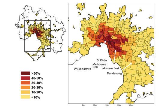 Figure 4: Employment Accessibility by Public Transport, Melbourne and Perth Employment Accessibility within 60 minute Public Transport Commute Melbourne Employment Accessibility within 60 minute