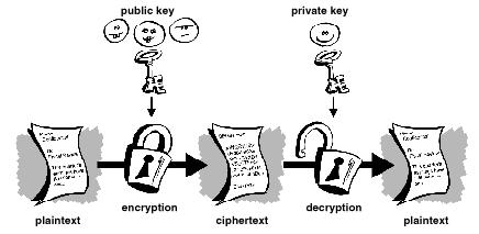 202 Slika 4. Šifrovanje javnim ključem Princip rada asimetričnih kriptosistema je sledeći. Korisnik koji želi da primi šifrovanu poruku poseduje par ključeva, javni i tajni.