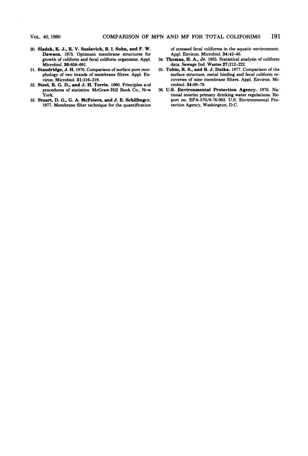 VOL. 40, 1980 COMPARISON OF MPN AND MF FOR TOTAL COLIFORIMS 191 30. Sladek, K. J., R. V. Suslavich, B. I. Sohn, and F. W. Dawson. 1975.