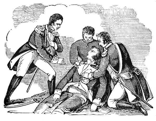 At this point he was mortally wounded, his famous words as he fell being Don t give up the ship. Stevens, Shannon s boatswain, lashed the ships together, losing an arm in the process.