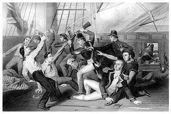 As the fighting diminished, a group of three American sailors, (possibly British deserters), set upon Captain Broke, inflicting a severe head wound that laid bare a portion of his skull, a wound from