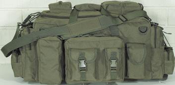Measuring 31"L x 15 ½"W x 14"H, with 11 assorted size exterior pouches, lots of webbing to