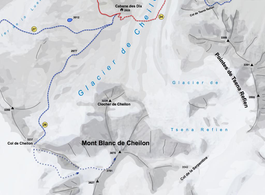 29 - Mont Blanc de Cheilon Altitude : 3870 m Difficulty : Alpinism AD. Elevation : about 950 m from Cabane des Dix Time to ascend : 5H30 from Cabane des Dix.