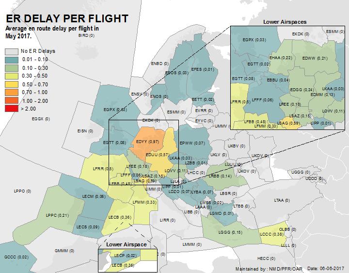 EN-ROUTE ATFM DELAY PER FLIGHT En-route delay per flight (min) 1,2 1,,8,6,4,2,,97 MAASTRICHT UAC,59,57 GENEVA ACC KARLSRUHE UAC Top 2 delay locations for en-route delays in May