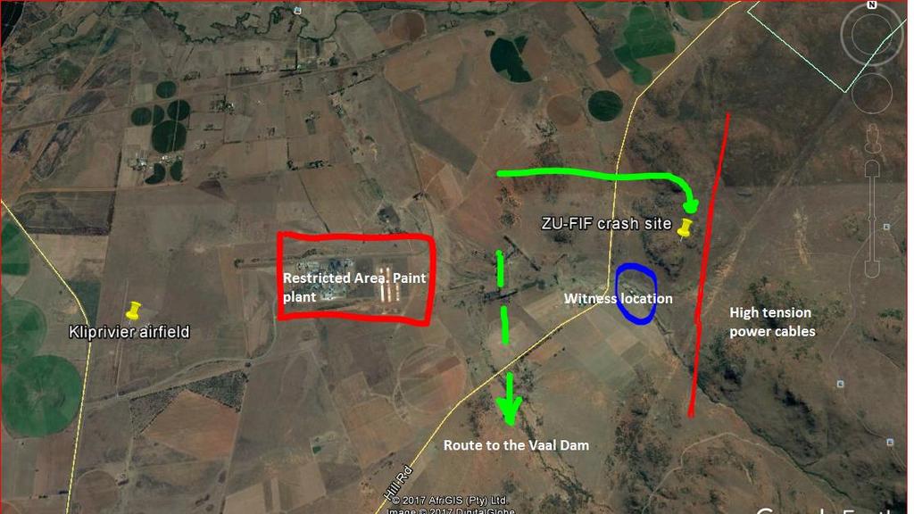 Figure 1: Accident site is 3.3nm east of Kliprivier airfield, elevation 4996 feet. 1.1.2 The aircraft departed from Runway 02 at approximately 0543Z and turned right for the crosswind leg but did not climb to circuit height of 6500 feet above mean sea level (AMSL).
