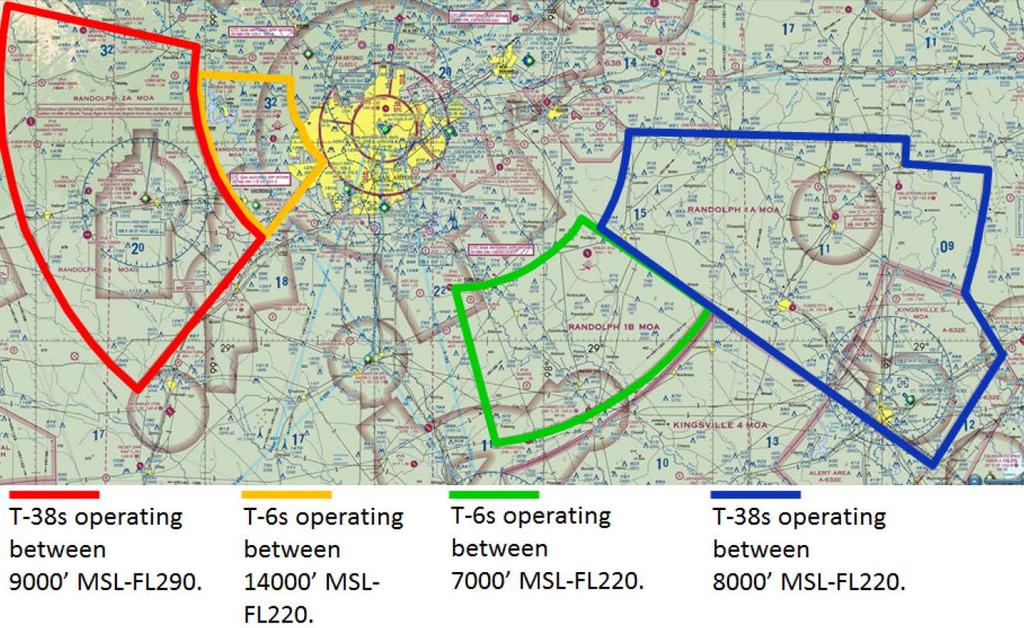 12 FTW MOAs In the San Antonio area, Houston Center controls Military Operations Areas (MOAs), except for Randolph 1B MOA (Green), which is controlled by San Antonio Approach.