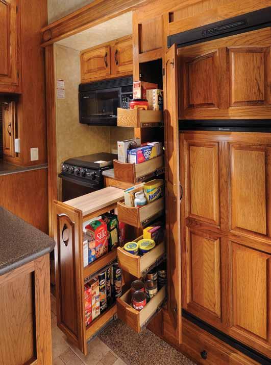 Shown left is the kitchen of the 367RL with the optional 12 cubic foot 4 door refrigerator.
