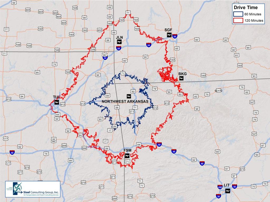 AIR SERVICE OVERVIEW Catchment Area and Alternate Airports The Fayetteville-Springdale-Rogers Metropolitan Statistical Area is considered as the primary catchment area for Northwest Arkansas Regional