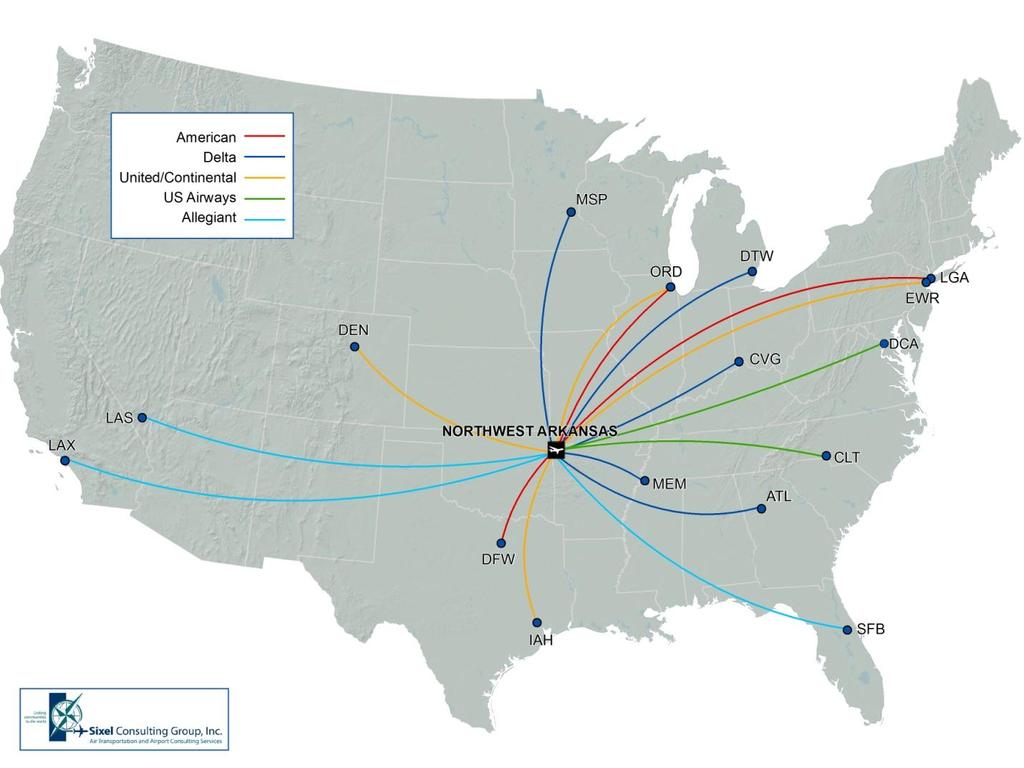 Existing Air Service Northwest Arkansas is served by five airlines American, Delta, United, US Airways and Allegiant -- to 16 nonstop destinations.