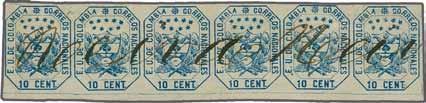 Exceptional and scarce multiple. 25 200 ( 185) 1862/63: 10 c. blue, a horizontal strip of four, Types X-7-6-5, used on piece with large part BOGOTÁ handstamps in black.