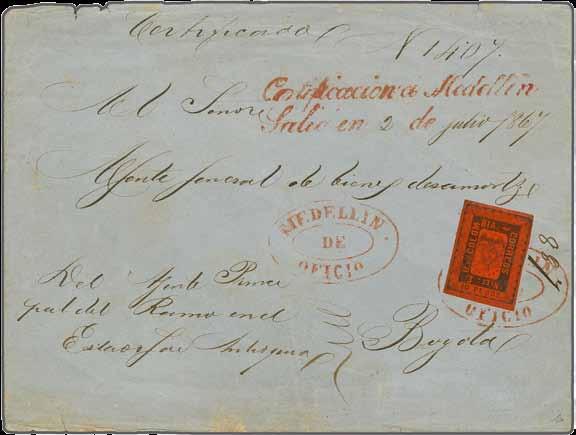 Official registered & insured cover to Bogotá, neatly tied by oval MEDELLIN / DE OFICIO handstamp in red with information strike alongside.