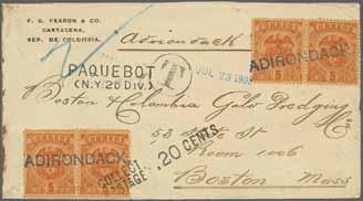 pale green, three margins, used on 1855 entire carried by the 'Atrato' tied by London numeral '10' and by oval CARTAGENA / DEBE in red charged '1½' reales for local delivery in red, 1865 entire with