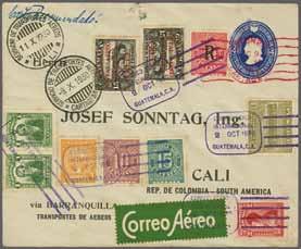 1): Registered Business envelope 'Vitrea Prague" franked with consular overprinted 'A' on Scadta 5 c. orange yellow in an horiz. block of six together with 30 c. blue, National postage 2 x 4 c.