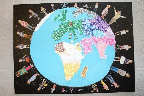 Caption: We are holding the world together by Kincsö und Aniko - canvas, buttons, paint, newspaper cut-outs, felt At the beginning of March the immense volume of