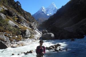 We'll enjoy breathtaking views of the sunset and sunrise, as well as a magnificent view of Everest. Overnight Debouche, 5-6 hours trekking, 12,533 ft.