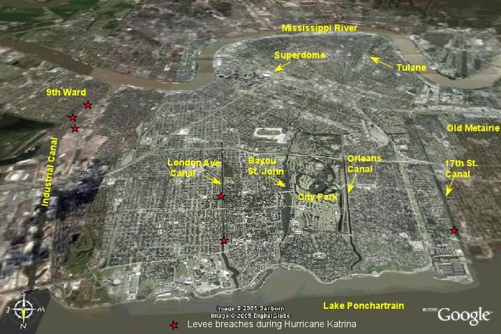 Google Earth view of New Orleans showing location of levee