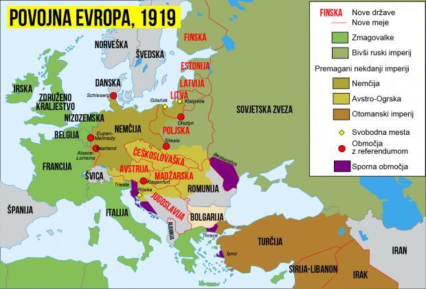 Na območju nekdanjih cesarstev je nastalo devet novih držav od Finske na severu Kraljevina Srbov, Hrvatov in Slovencev na Balkanu.