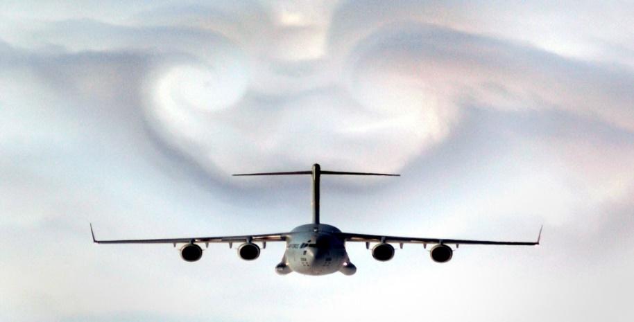 ) The strength of the vortex is governed by the angle of attack and shape of the airplane wing.