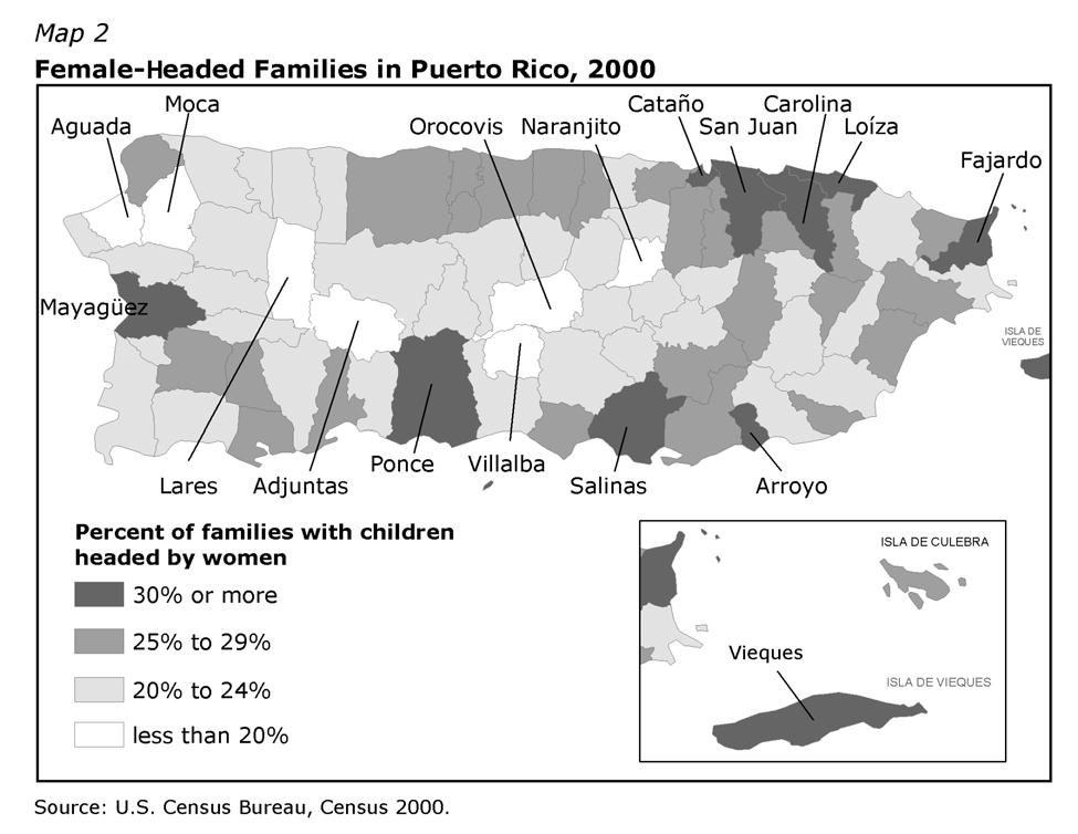 Locally, the percentage of families with children that were headed by a female householder was highest in San Juan (41 percent) and in nearby Cataño (37 percent) (see Map 2).