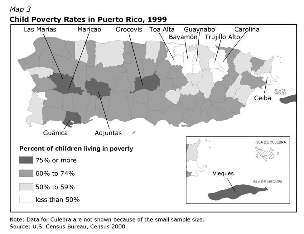 Between 1989 and 1999, child poverty rates decreased in every municipality in Puerto Rico. Child poverty rates decreased the most in areas with relatively high rates of population growth.