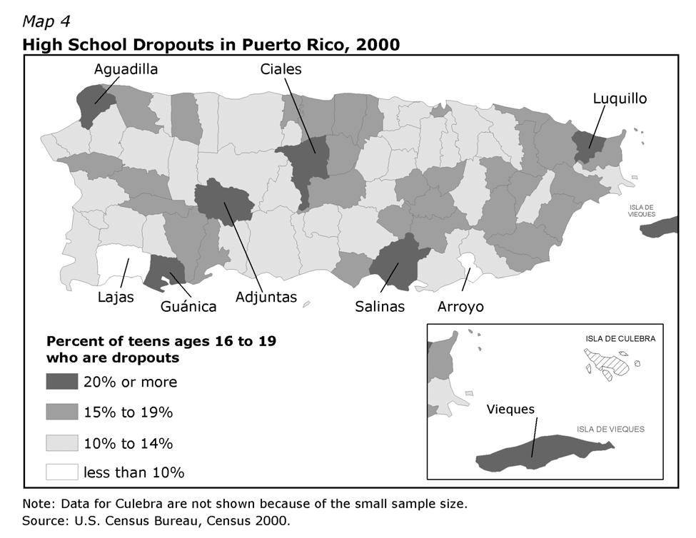 High School Dropouts Dropout rates in 2000 also varied in Puerto Rico s local areas (see Map 4).