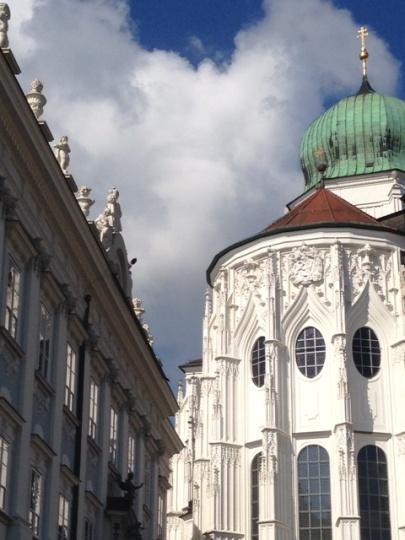 The town of Passau is a maze of narrow cobblestone streets with beautiful houses.