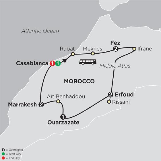10 Days Highlights of Morocco - Africa Accommodations MEALS: Buffet breakfasts daily; 6 dinners HOTELS CASABLANCA Idou Anfa (ST) FEZ Menzeh Fez (ST) ERFOUD Kasbah Tizimi