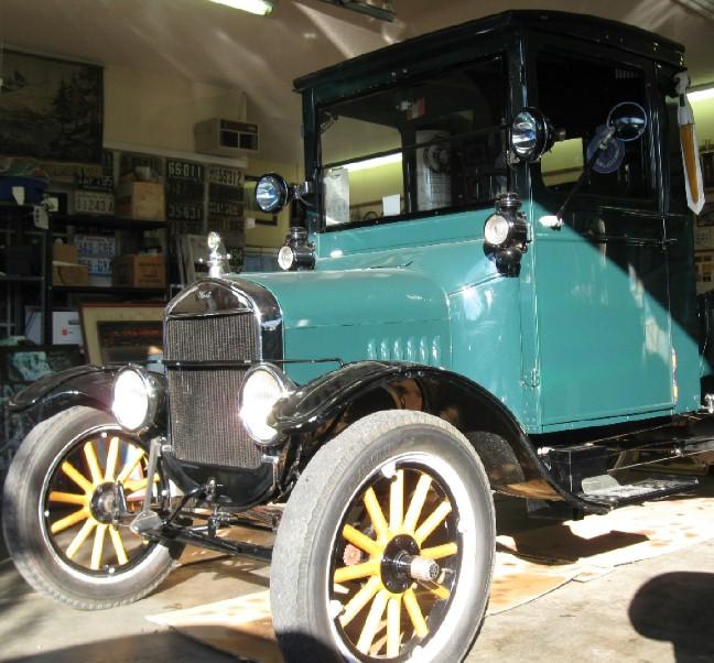 com 1925 TT Express-290 total miles since professional frame off restoration, loaded with accessories, commercial green enclosed cab with original metal pickup box.