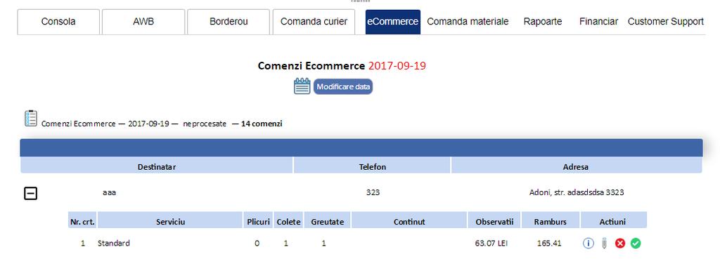 5. ecommerce Meniul ecommerce din SELFAWB are urmatoarele functionalitati: Afisarea tuturor comenzilor generate din platforme ecommerce care utilizeaza modul de shipping FAN Courier (comenzi