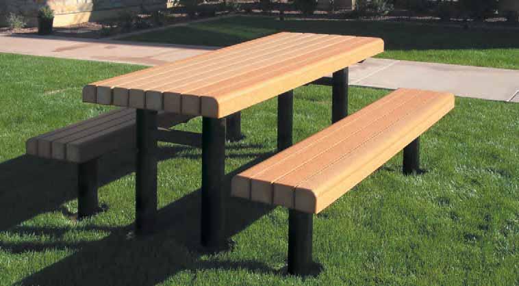 RECYCLED PICNIC TABLES 57 Model #1126-06 $1,510.00 4" X 4" RECYCLED PLASTIC MULTI-PEDESTAL PICNIC TABLE These massive tables and benches are manufactured from 4" x 4" recycled plastic planks in 6 ft.