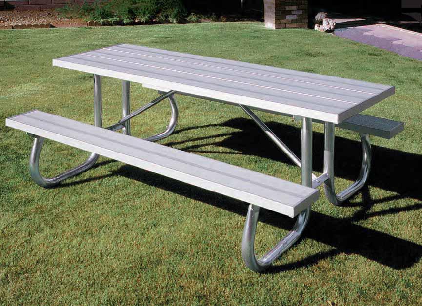 ALUMINUM PICNIC TABLES 59 EXTRA HEAVY-DUTY ALUMINUM PICNIC TABLE Our heavy-duty picnic table is designed for high-traffic areas like parks or schools. The frame is manufactured of 2-3/8" O.D. galvanized steel and the planks are 2" x 10" anodized aluminum.