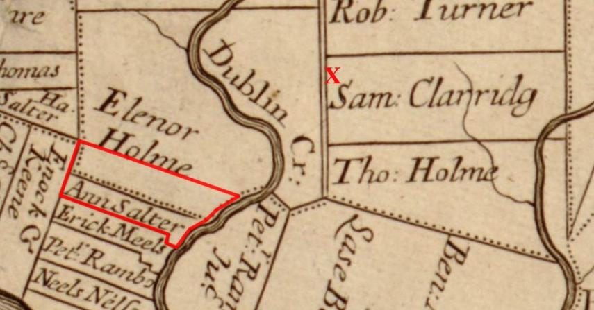 In November, 1682, Thomas Holme received a grant of 1646 acres from Penn on either side of Dublin (Pennypack) Creek (detail below). This would become his Wellspring Plantation.