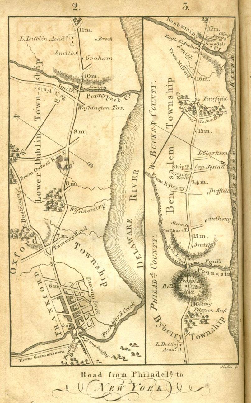 Following the patriotic fervor of the times, Holme renamed it the Washington Tavern as noted on the 1802 Philadelphia to New York map, below right.