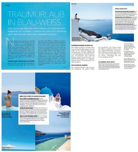 UNIQUE GREECE - GERMAN MEDIA RELATIONS Magazine proposes idyllic holidays in blue and white Print Circulation: 70,000 Germany s Douglas magazine, distributed to customers of beauty store chain