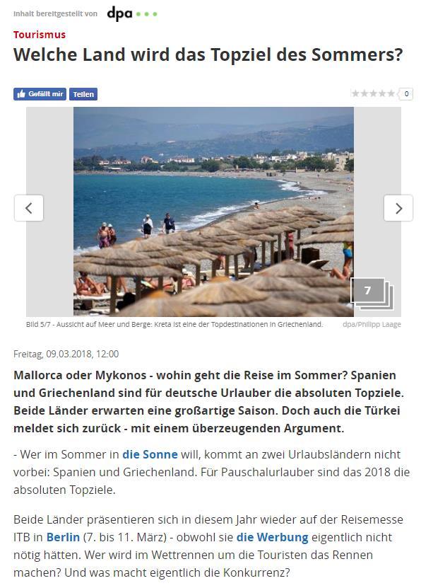 ITB BERLIN 2018 GERMAN MEDIA RELATIONS News media agency DPA spreads positive news on Greece German news media agency DPA released a news feature on tourism trends ahead of travel trade fair ITB,