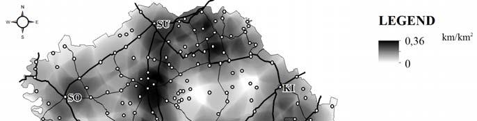 Figure 4. Centers of transport importance according to the density of road network per km 2. Based on the presented analyses of the distribution of population, settlements, road network (Figure 4.