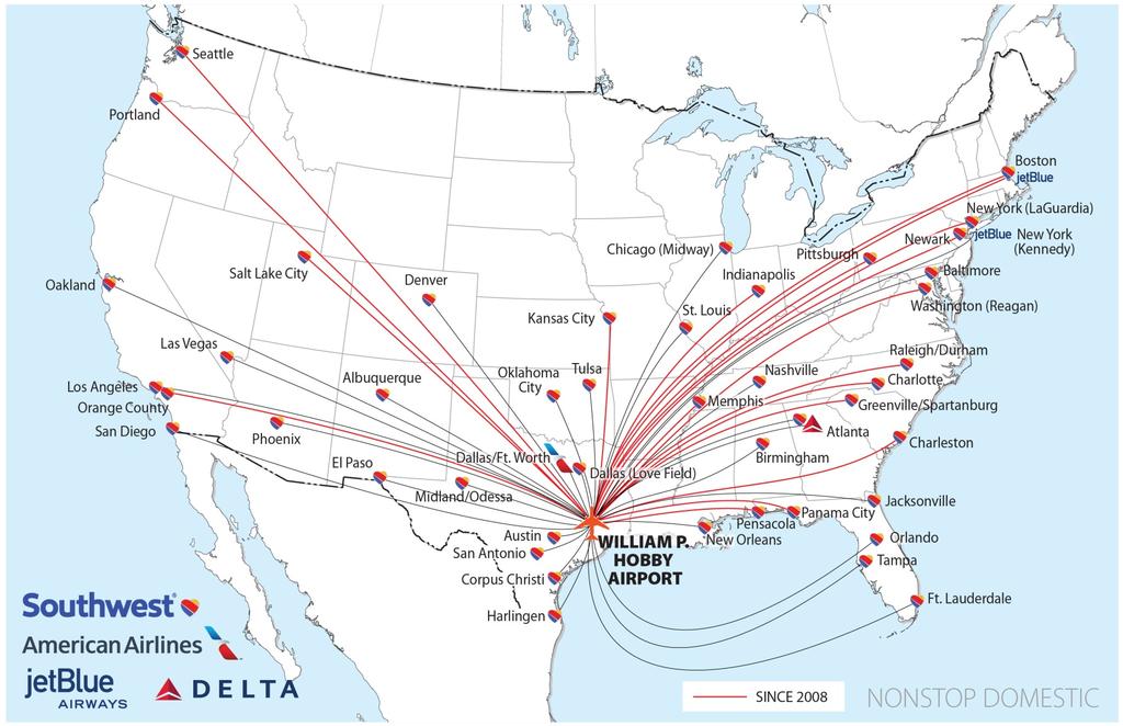 HOU has nonstop coast-to-coast service Southwest has added 22 nonstop routes from HOU