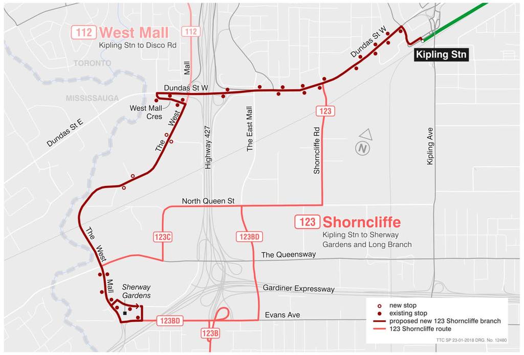 Figure 7: Proposed Routing of The West Mall Branch for 123 Shorncliffe The service will operate Monday to Friday from approximately 6:00 a.m. to 9:00 a.m., as well as between 3:00 p.m. and 7:00 p.m., approximately every 16 to 19 minutes, depending on the time of day.