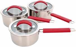 Made from 100% recyclable stainless steel, this collection offers stylish details such as glass lids and oven-proof silicone handles in a gorgeous deep red shade.