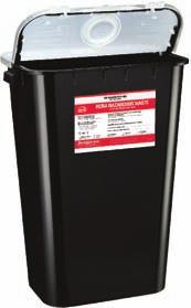 mobility 5011 070 11-GALLON RCRA CONTAINER 6/CASE Black w/gasket lid/absorbent pads Separate round opening accepts small items Hinged lid accommodates large items Molded-in handles